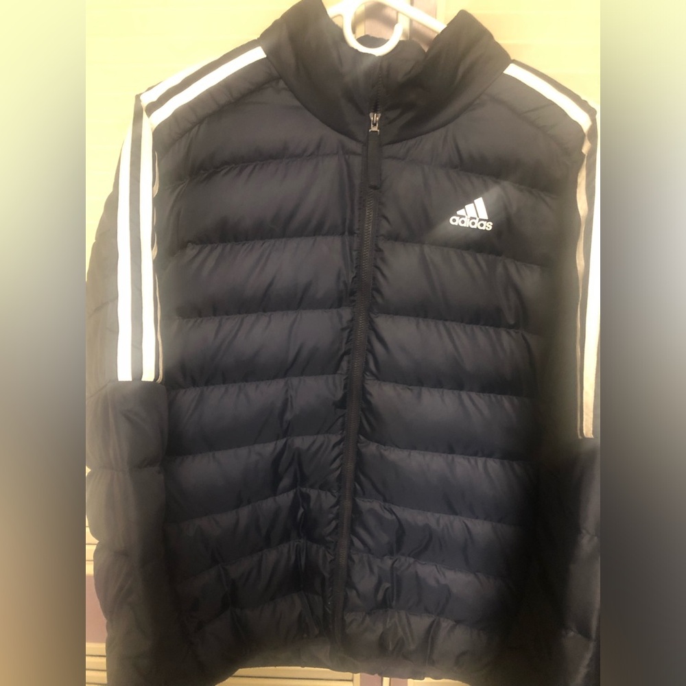 Adidas Navy Blue Puffer Jacket with Iconic Stripes